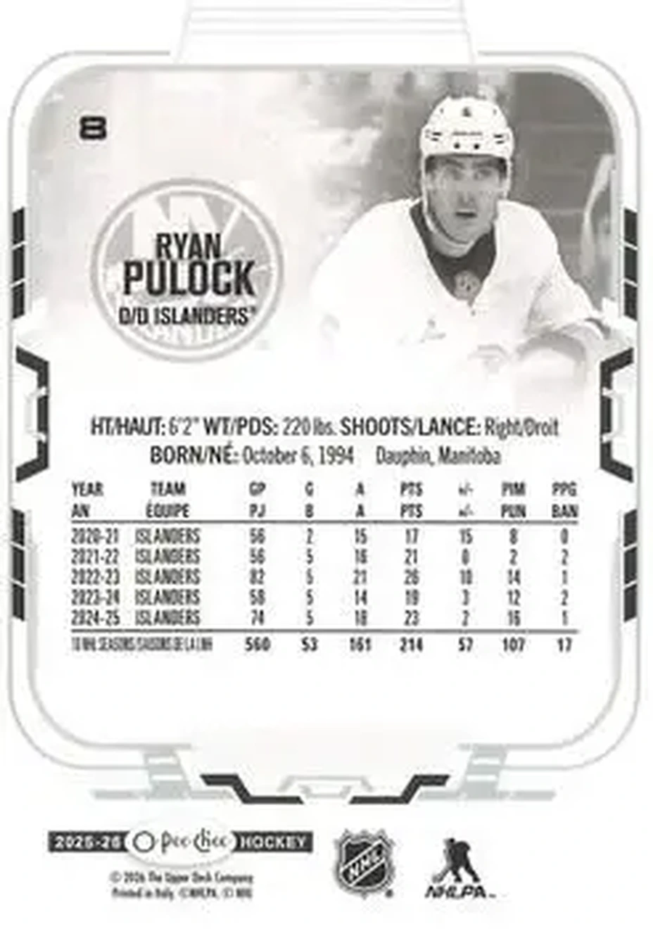 2025-26 O-Pee-Chee #8 - Ryan Pulock - New York Islanders - Back
