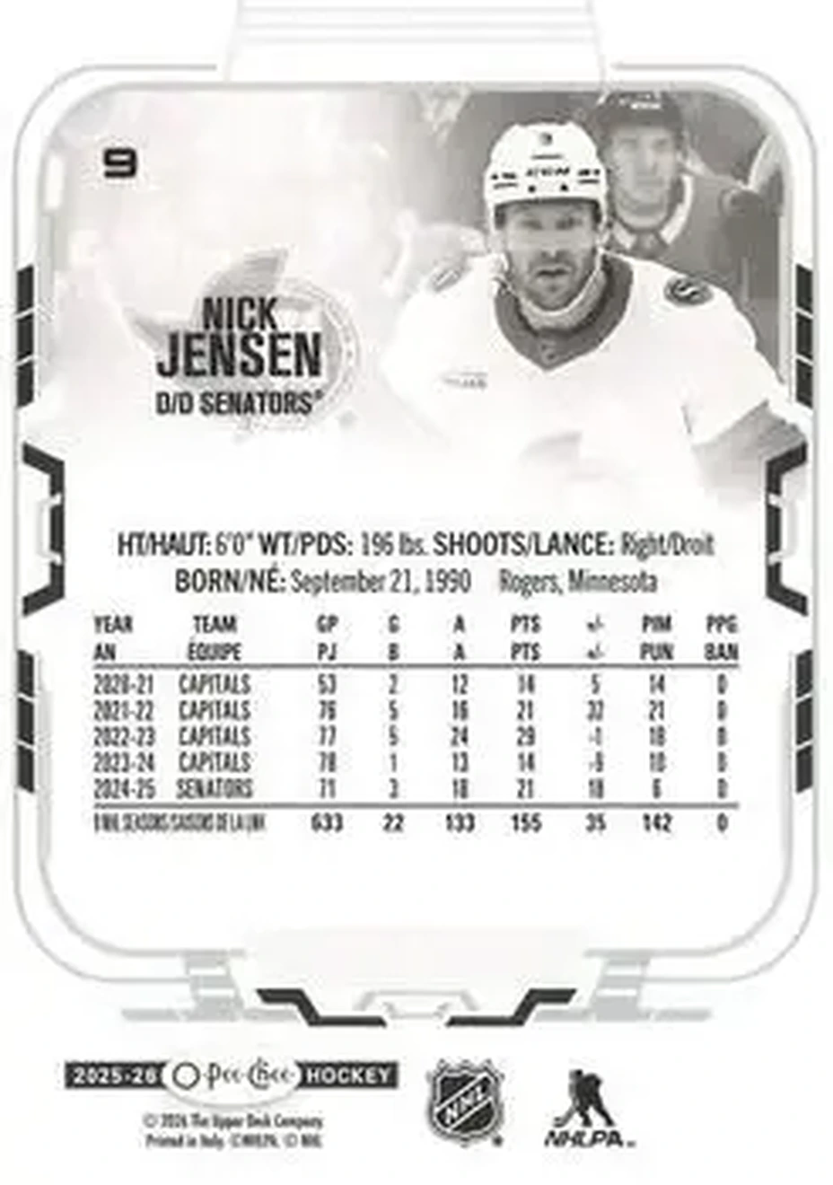 2025-26 O-Pee-Chee #9 - Nick Jensen - Ottawa Senators - Back