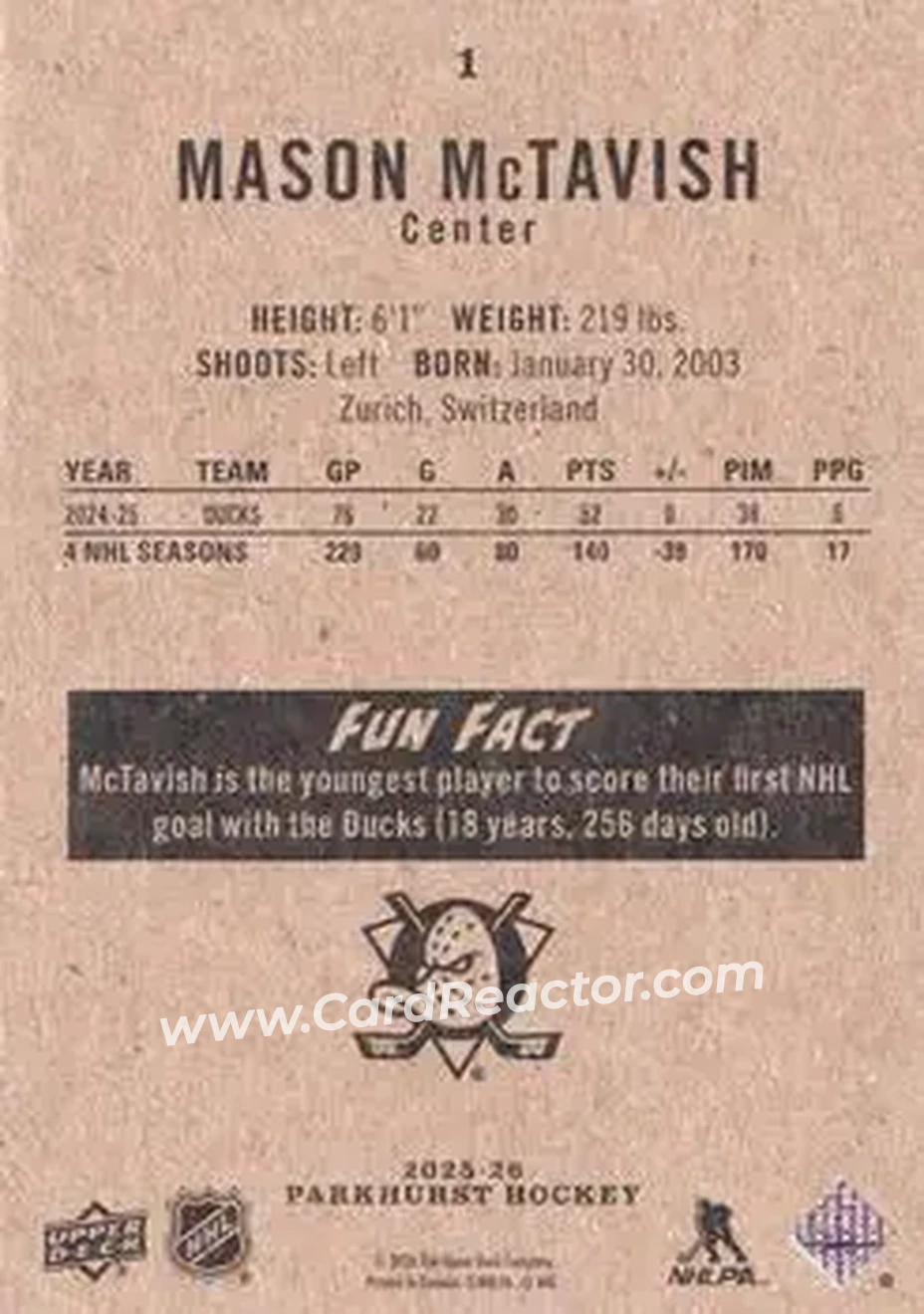 2025-26 Parkhurst #1 - Mason McTavish - Anaheim Ducks - Back