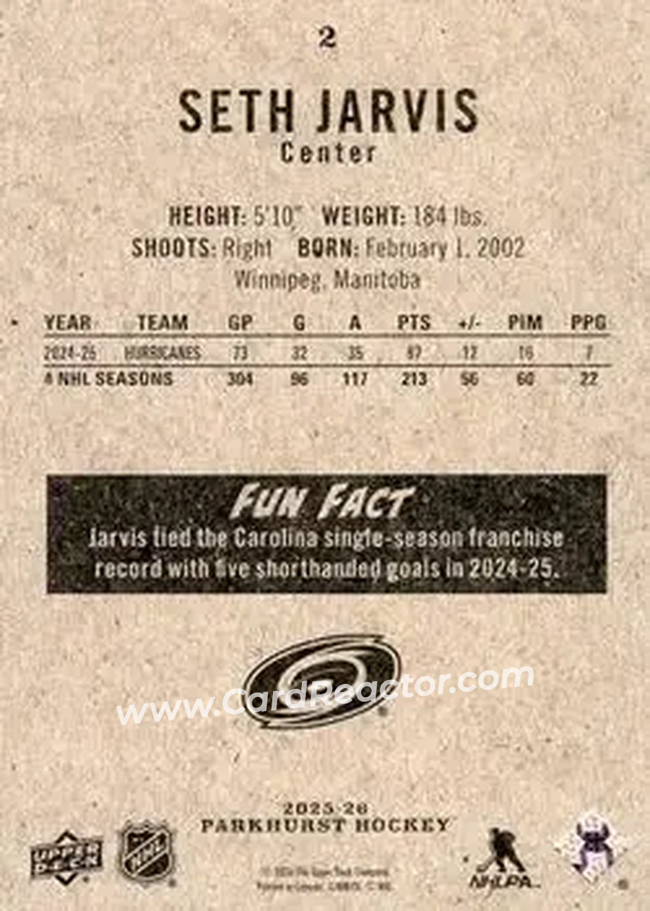 2025-26 Parkhurst #2 - Seth Jarvis - Carolina Hurricanes - Back
