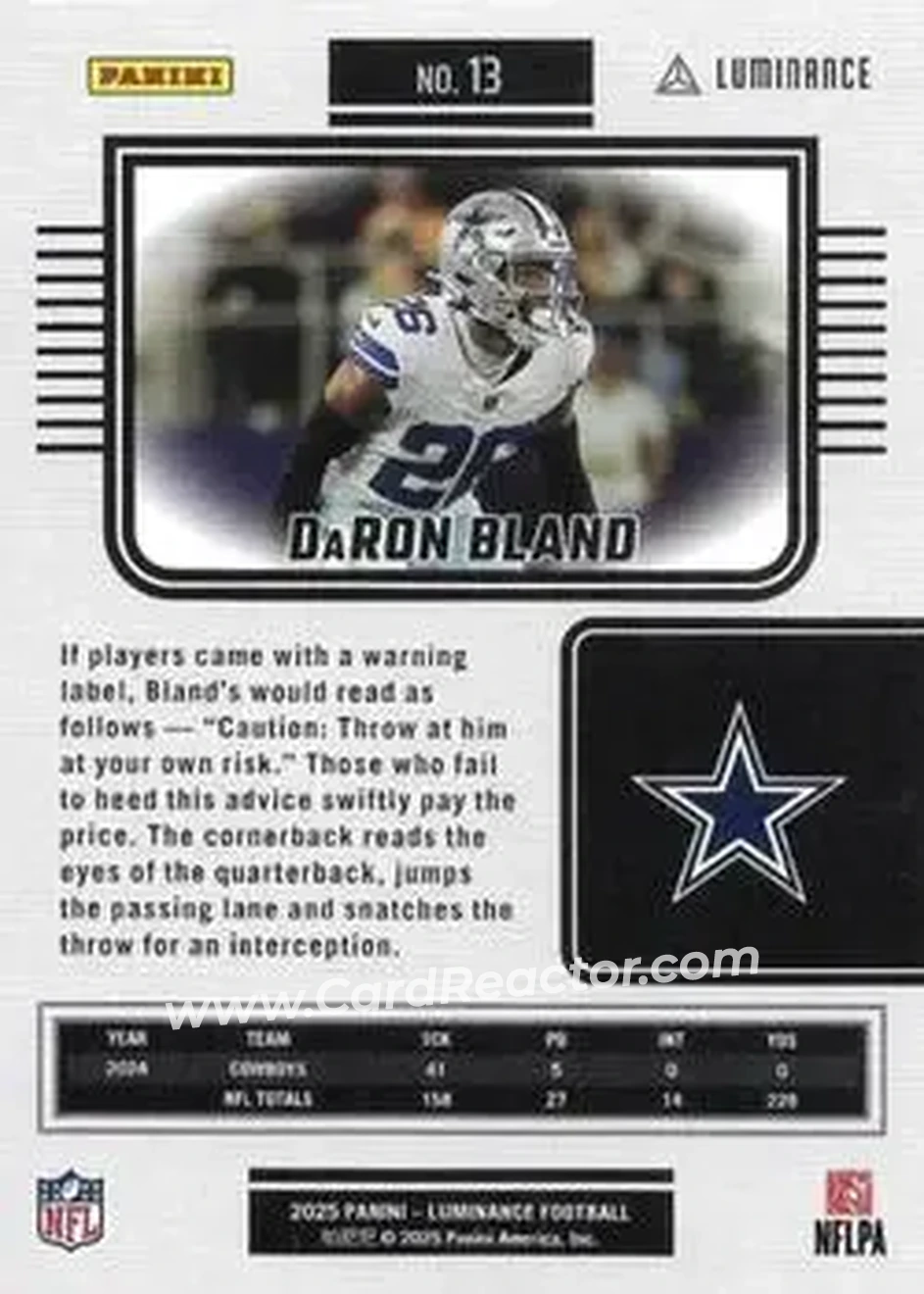 2025 Panini Luminance #13 - DaRon Bland - Dallas Cowboys - Back