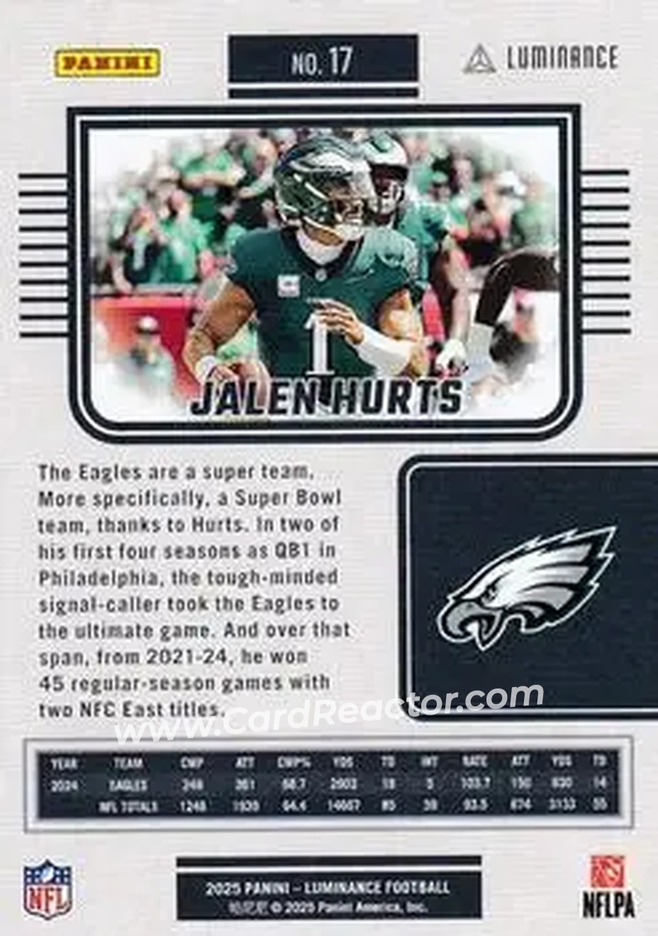 2025 Panini Luminance #17 - Jalen Hurts - Philadelphia Eagles - Back