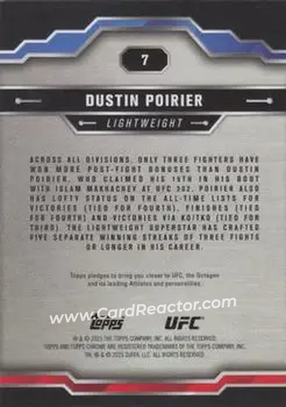 2025 Topps Chrome Sapphire Edition UFC #7 - Dustin Poirier - Back