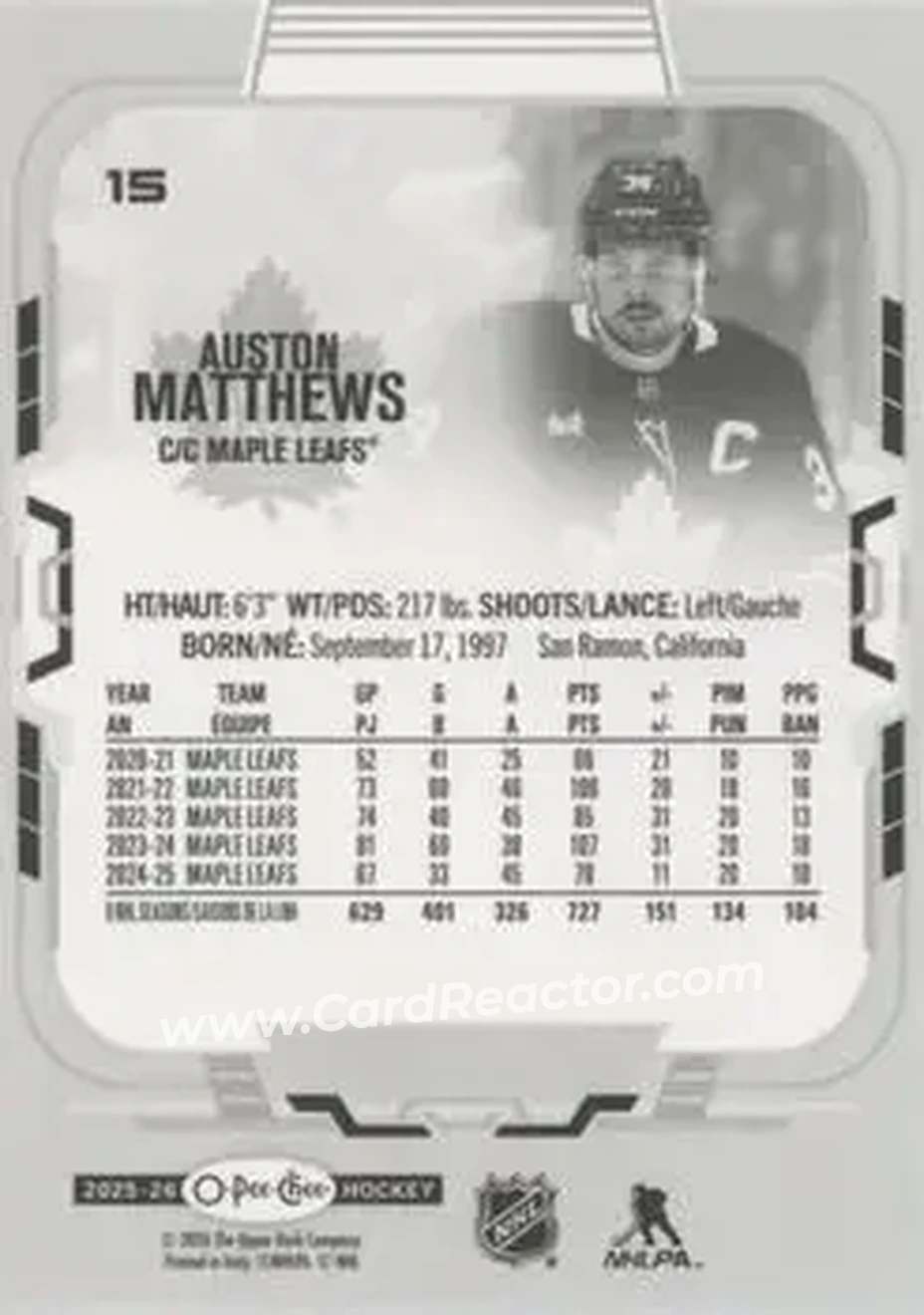 2025-26 O-Pee-Chee #15b - Auston Matthews - Toronto Maple Leafs - Back