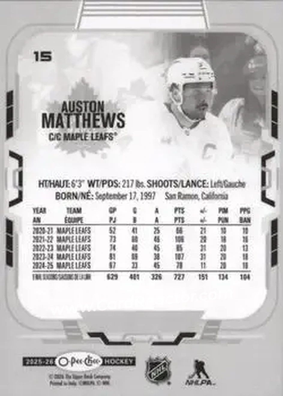2025-26 O-Pee-Chee #15c - Auston Matthews - Toronto Maple Leafs - Back
