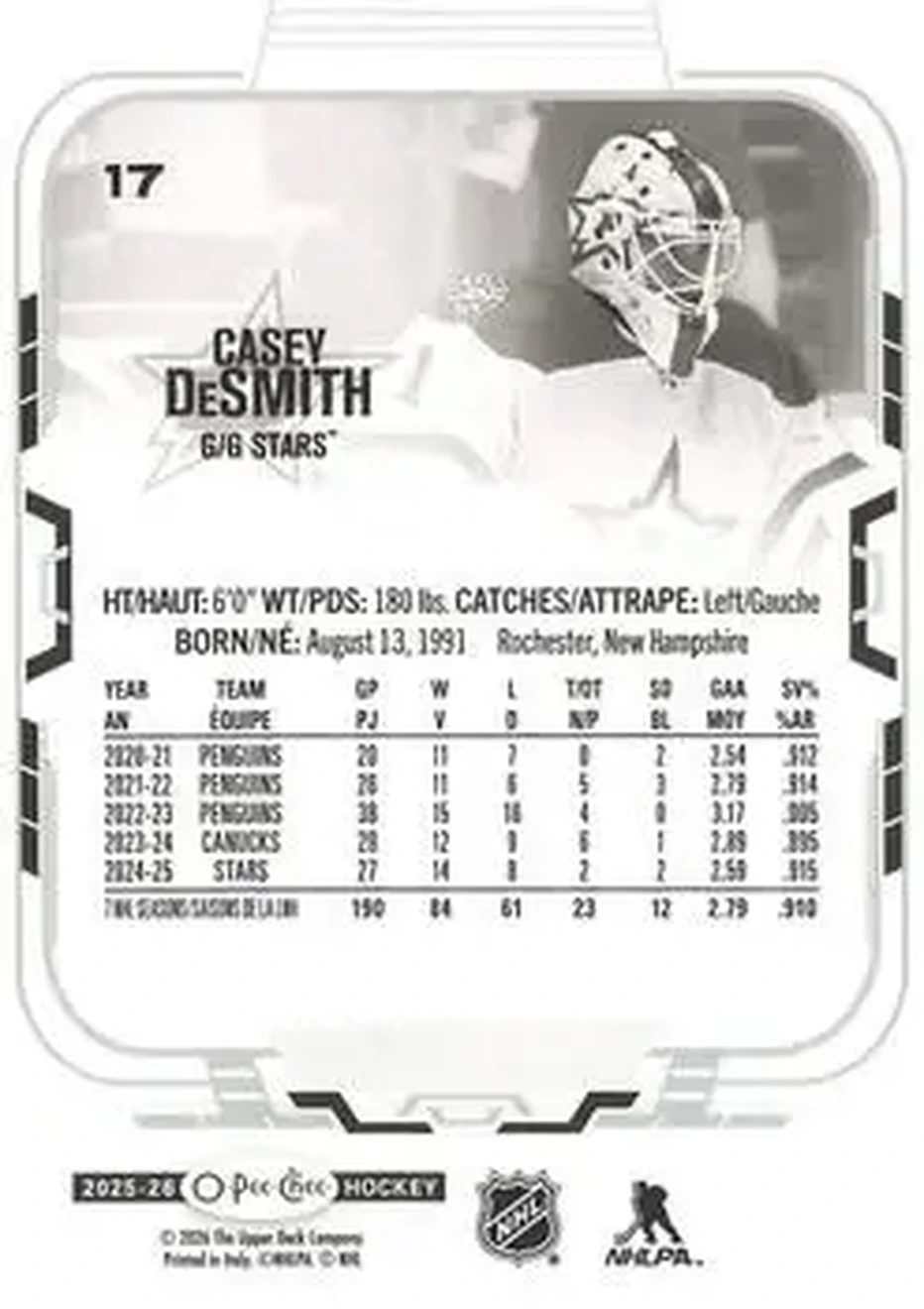 2025-26 O-Pee-Chee #17 - Casey DeSmith - Dallas Stars - Back