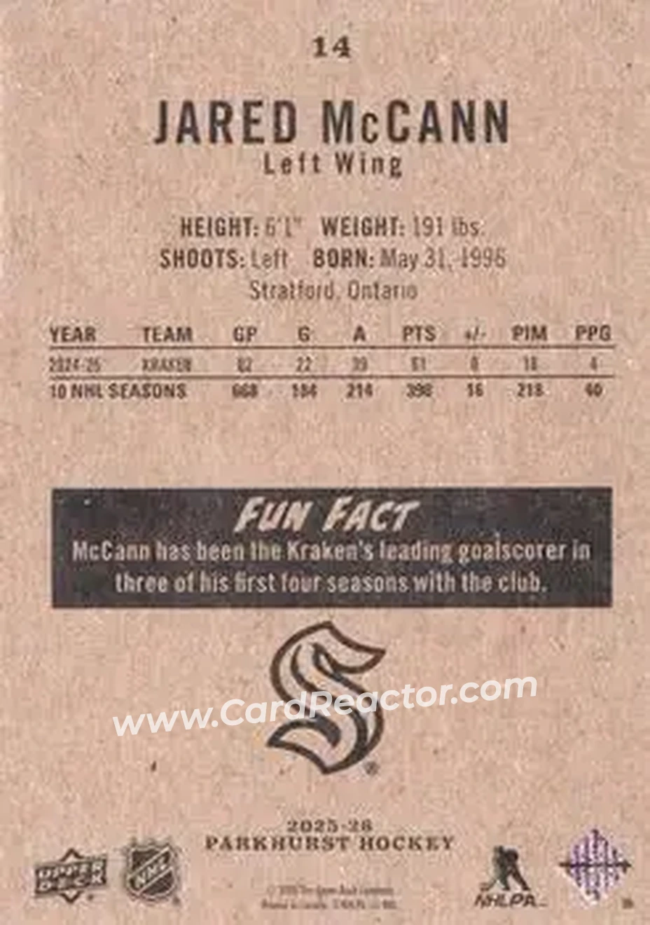 2025-26 Parkhurst #14 - Jared McCann - Seattle Kraken - Back