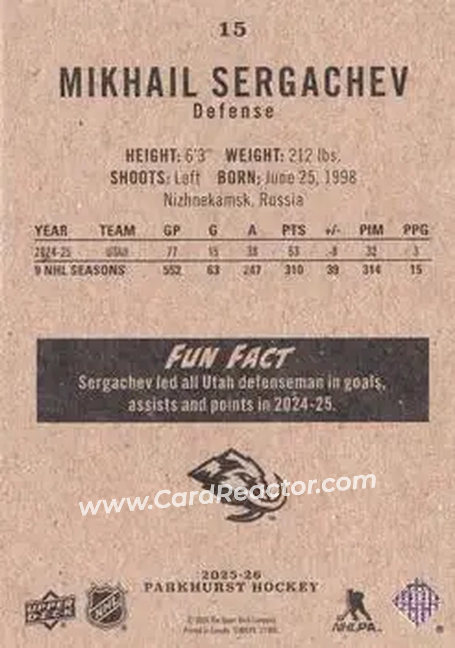 2025-26 Parkhurst #15 - Mikhail Sergachev - Utah Mammoth - Back