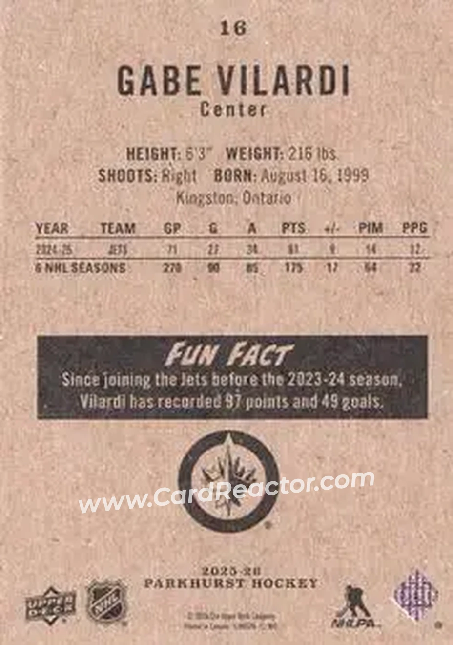 2025-26 Parkhurst #16 - Gabe Vilardi - Winnipeg Jets - Back
