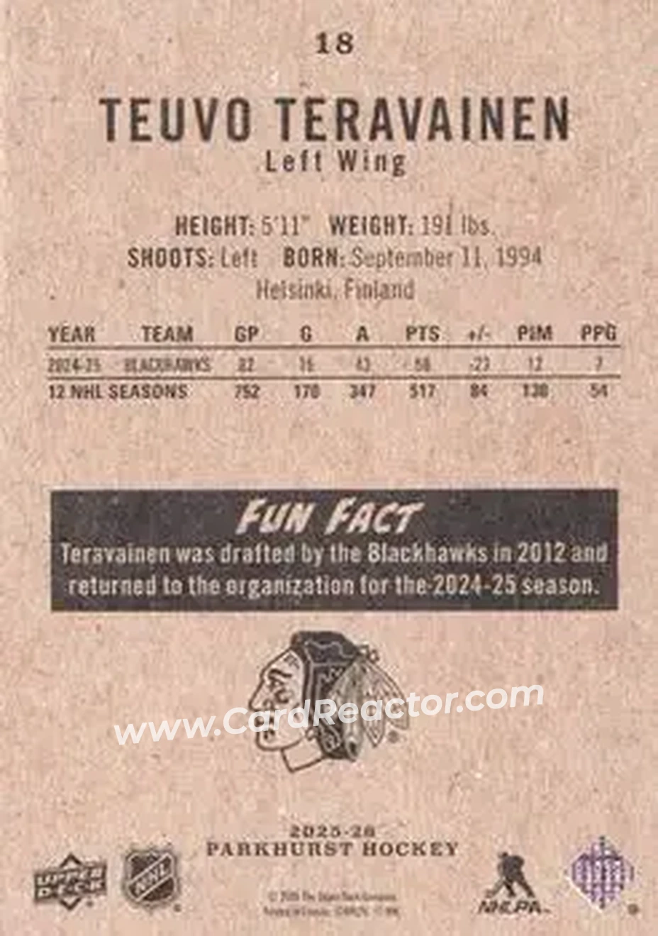 2025-26 Parkhurst #18 - Teuvo Teravainen - Chicago Blackhawks - Back