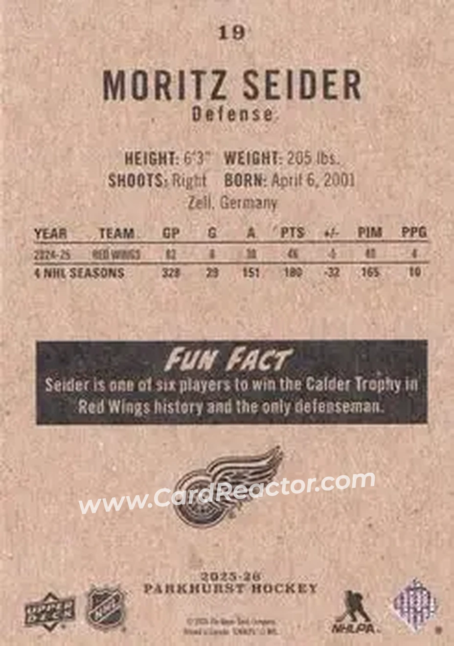 2025-26 Parkhurst #19 - Moritz Seider - Detroit Red Wings - Back