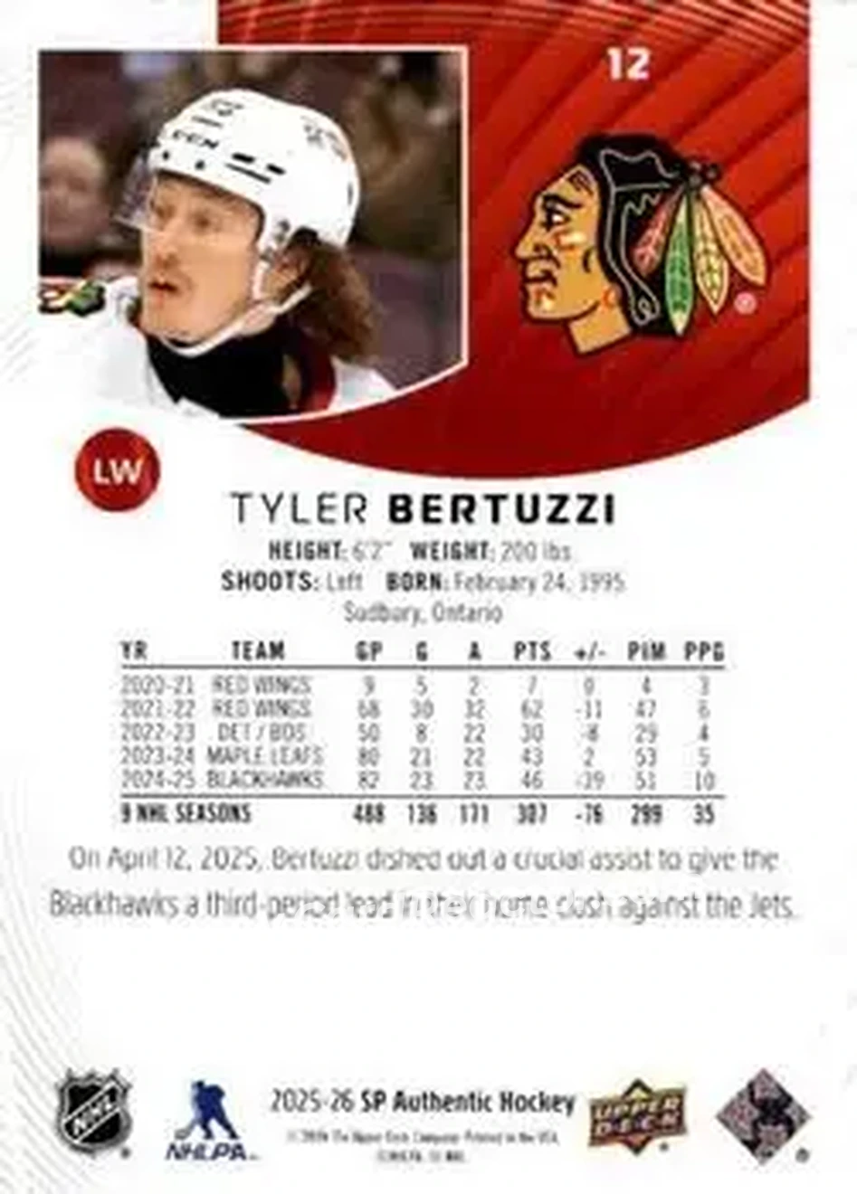2025-26 SP Authentic #12 - Tyler Bertuzzi - Chicago Blackhawks - Back