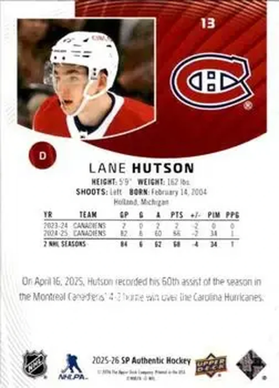 2025-26 SP Authentic #13 - Lane Hutson - Montreal Canadiens - Back
