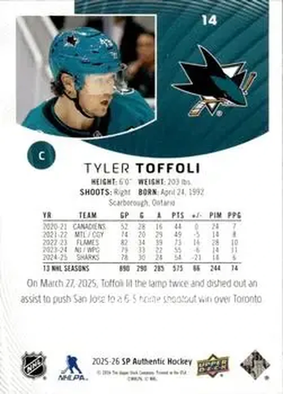 2025-26 SP Authentic #14 - Tyler Toffoli - San Jose Sharks - Back