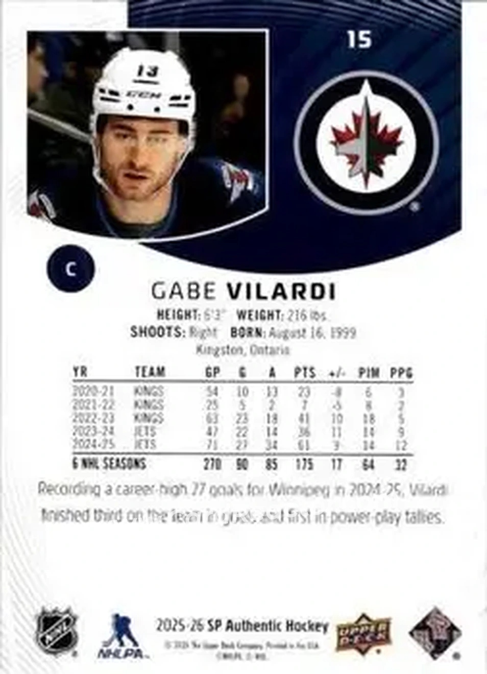 2025-26 SP Authentic #15 - Gabe Vilardi - Winnipeg Jets - Back