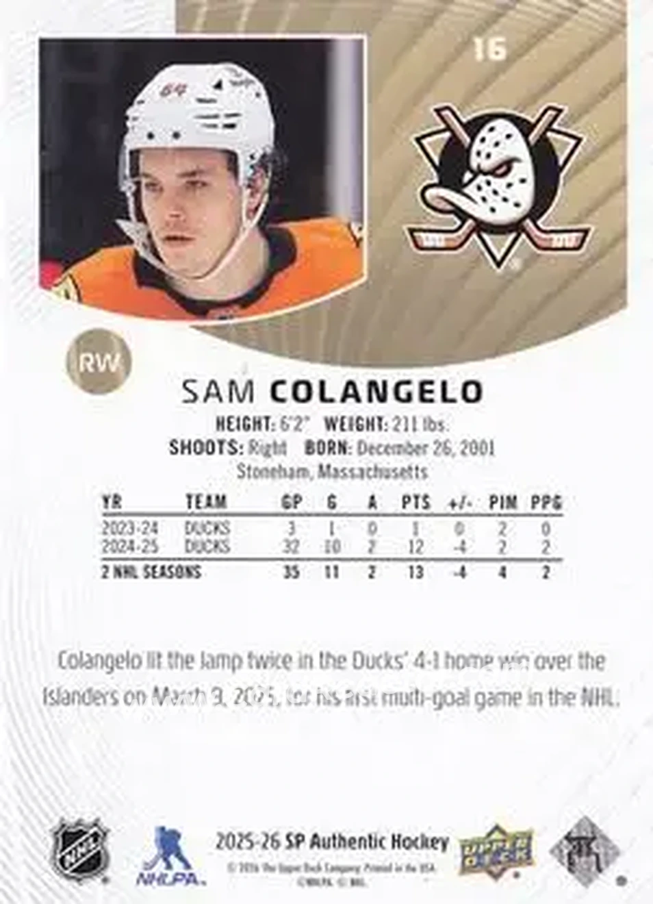 2025-26 SP Authentic #16 - Sam Colangelo - Anaheim Ducks - Back