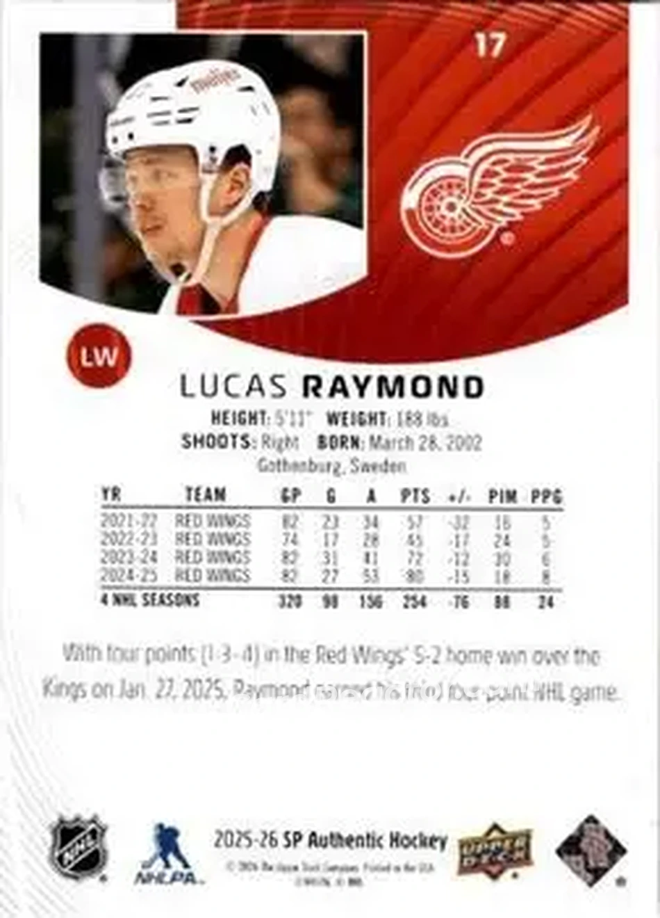 2025-26 SP Authentic #17 - Lucas Raymond - Detroit Red Wings - Back