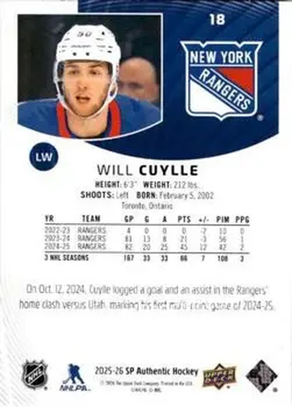 2025-26 SP Authentic #18 - Will Cuylle - New York Rangers - Back
