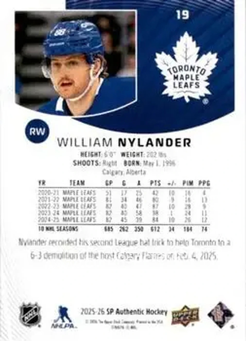 2025-26 SP Authentic #19 - William Nylander - Toronto Maple Leafs - Back