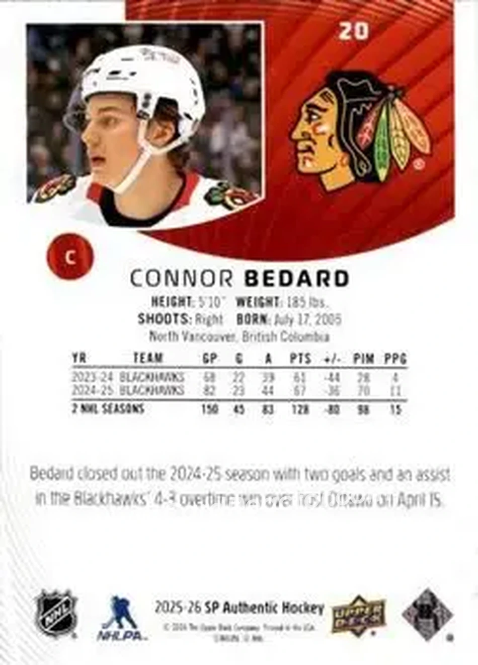 2025-26 SP Authentic #20 - Connor Bedard - Chicago Blackhawks - Back