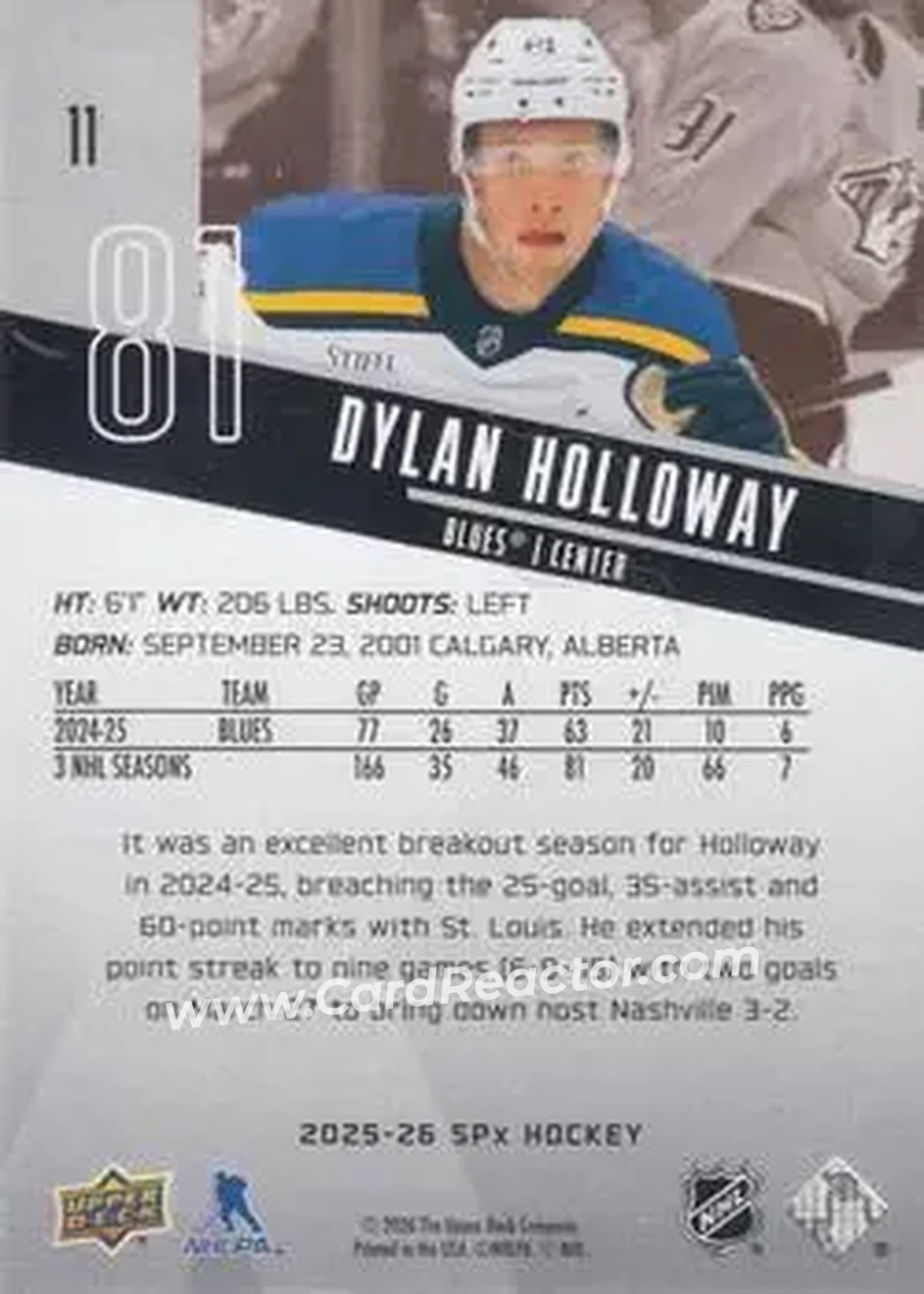 2025-26 SPx #11 - Dylan Holloway - St. Louis Blues - Back