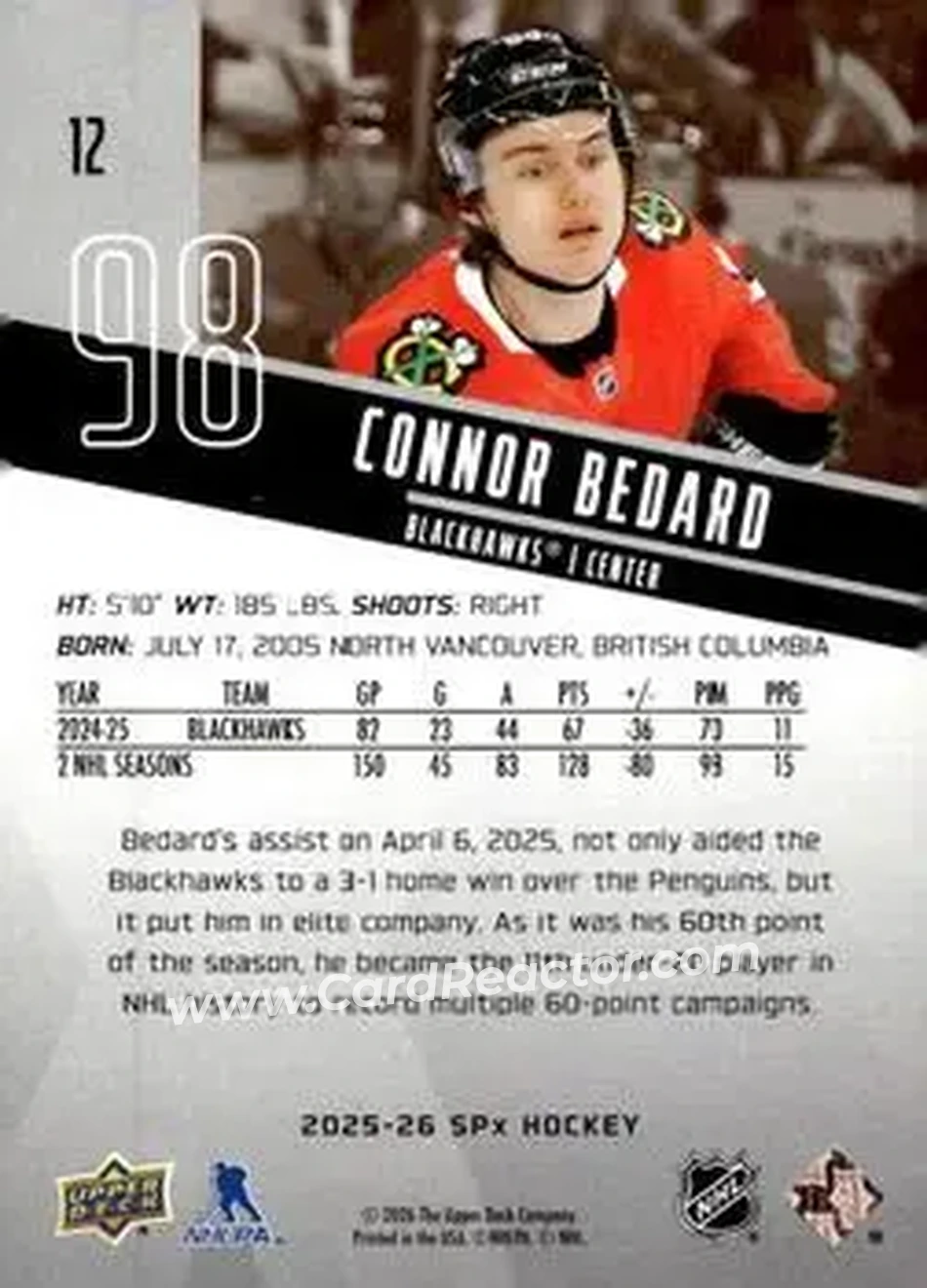 2025-26 SPx #12 - Connor Bedard - Chicago Blackhawks - Back