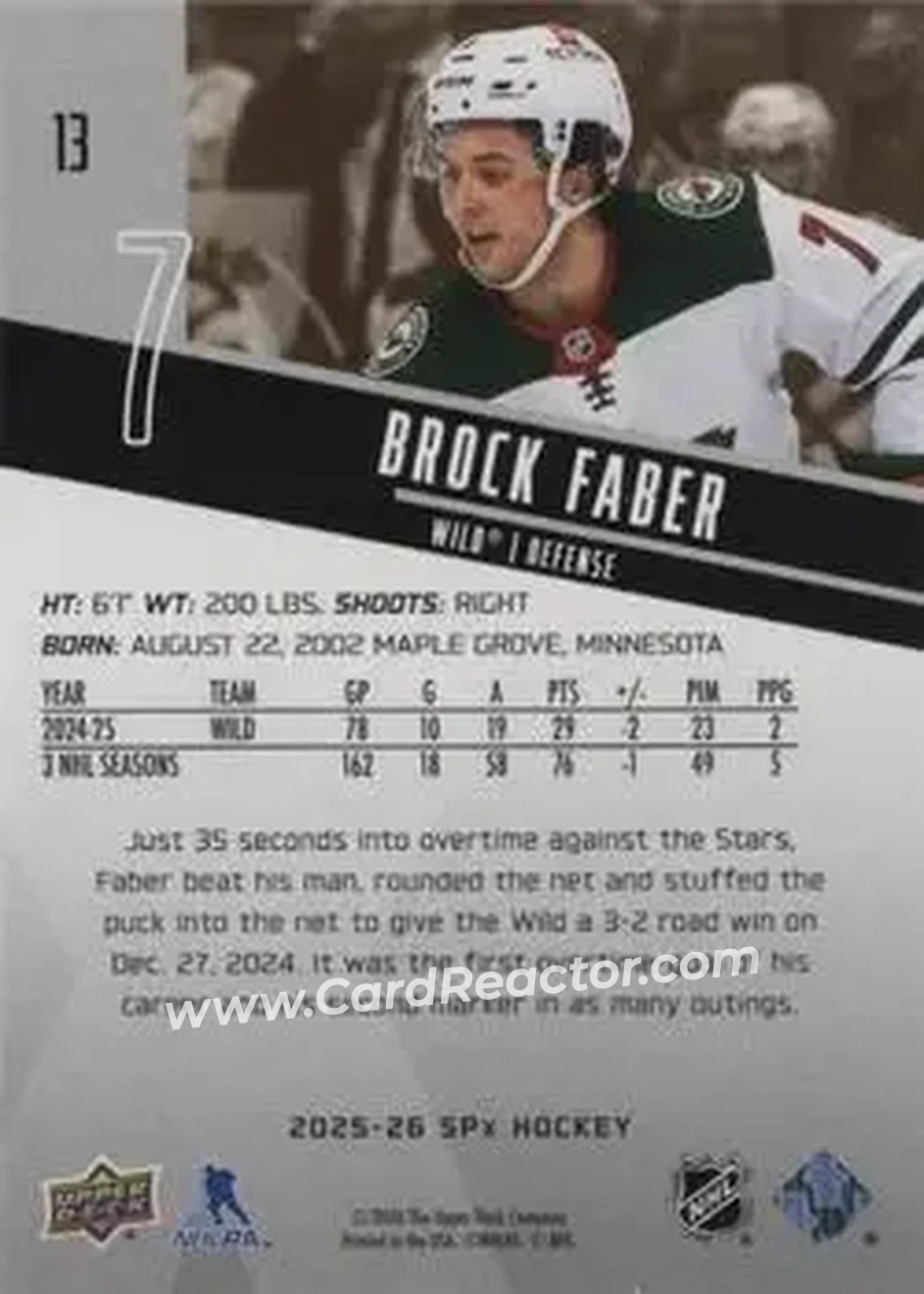 2025-26 SPx #13 - Brock Faber - Minnesota Wild - Back