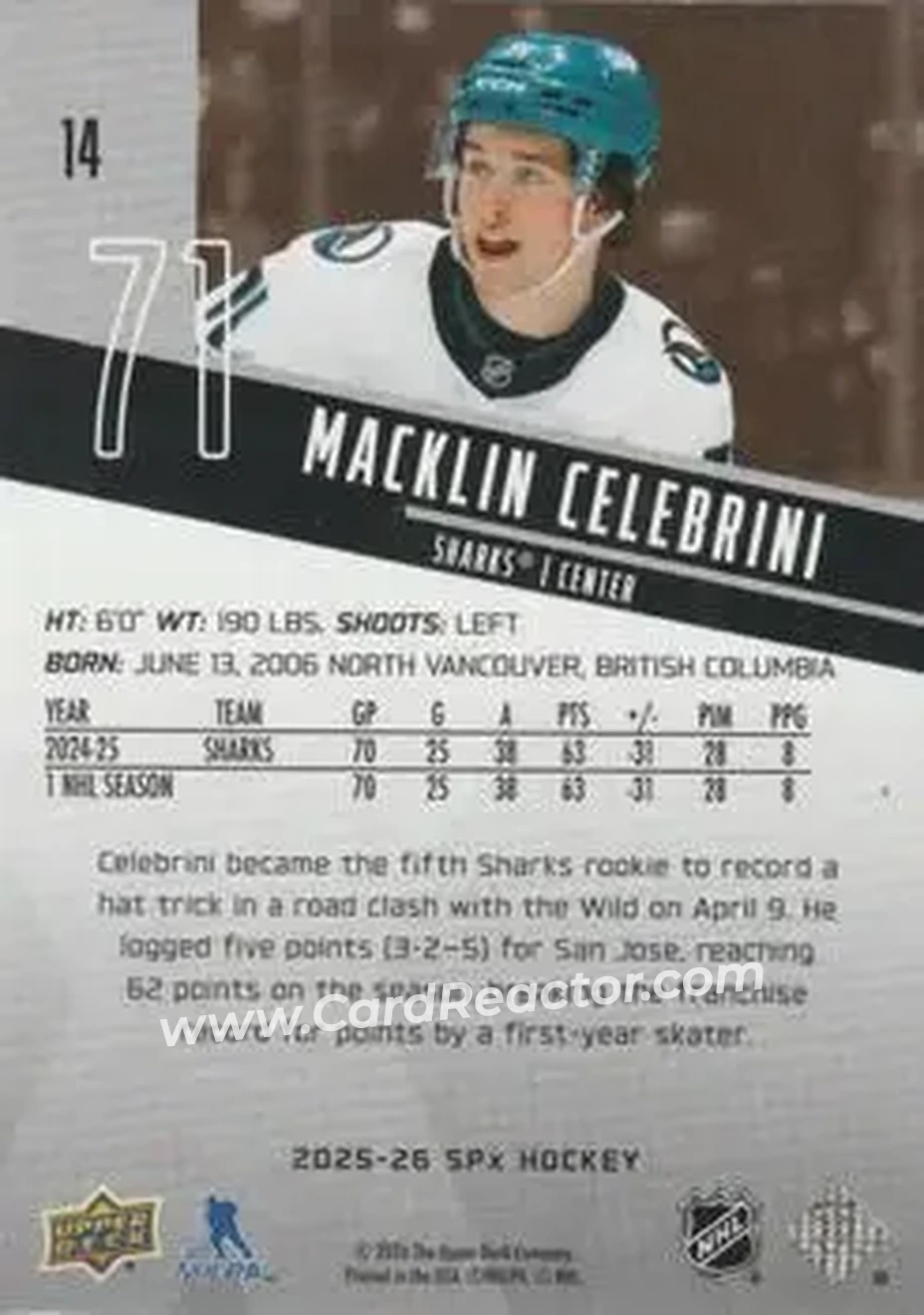 2025-26 SPx #14 - Macklin Celebrini - San Jose Sharks - Back