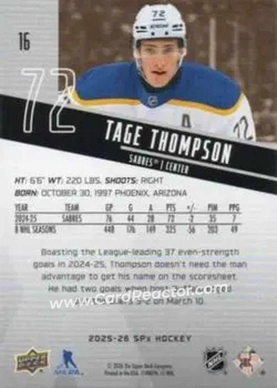 2025-26 SPx #16 - Tage Thompson - Buffalo Sabres - Back