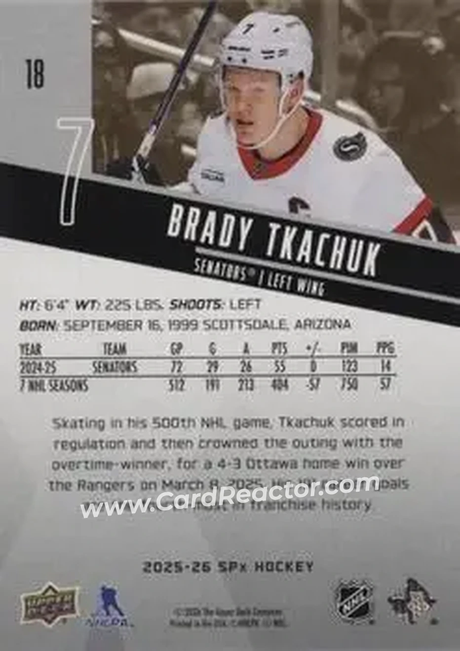 2025-26 SPx #18 - Brady Tkachuk - Ottawa Senators - Back
