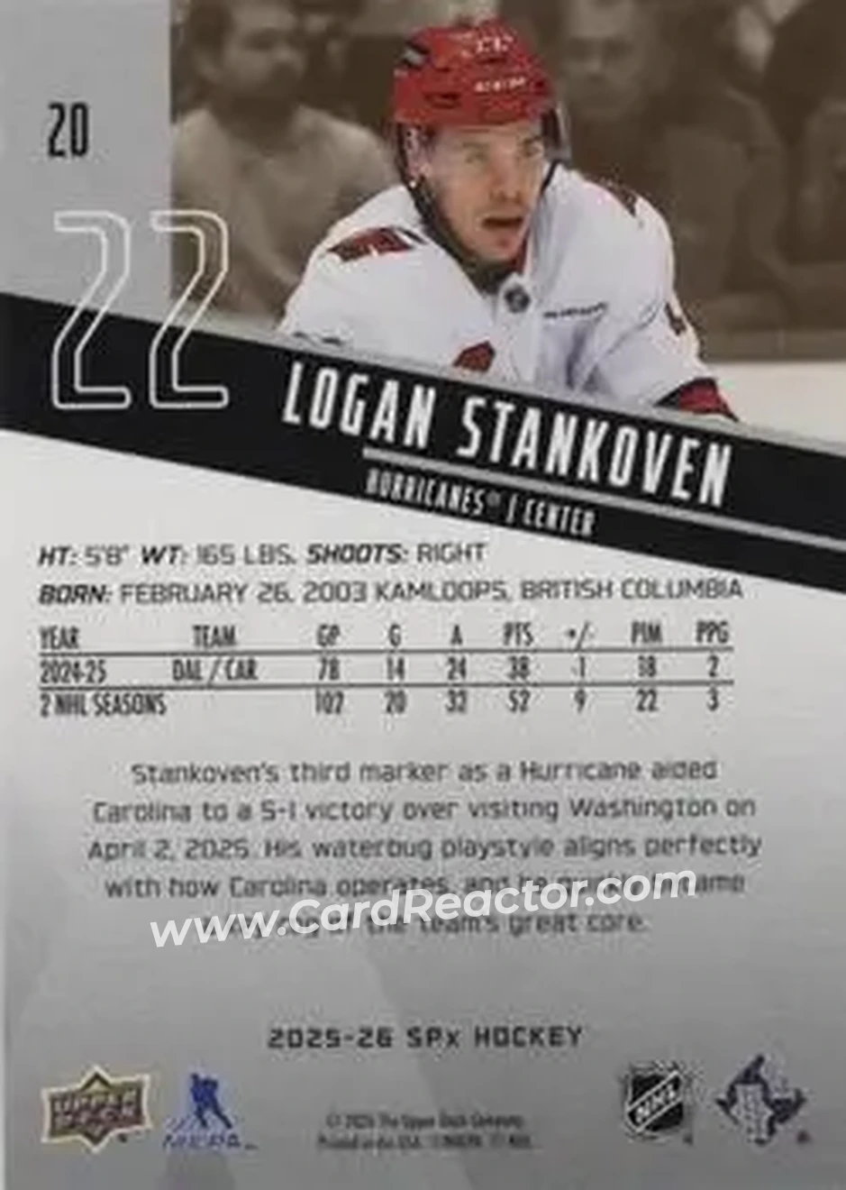 2025-26 SPx #20 - Logan Stankoven - Carolina Hurricanes - Back