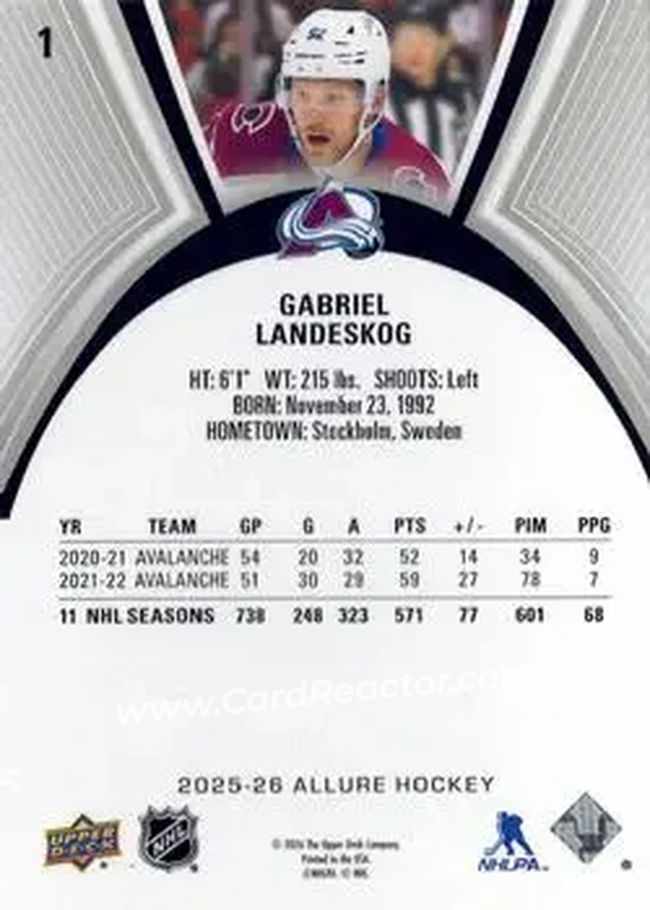 2025-26 Upper Deck Allure #1 - Gabriel Landeskog - Colorado Avalanche - Back