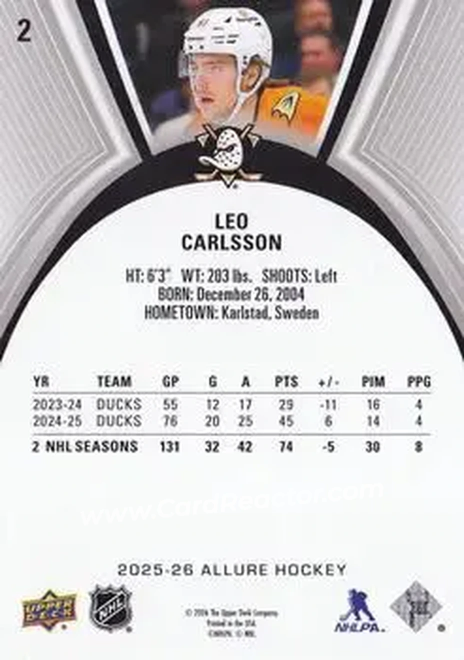 2025-26 Upper Deck Allure #2 - Leo Carlsson - Anaheim Ducks - Back