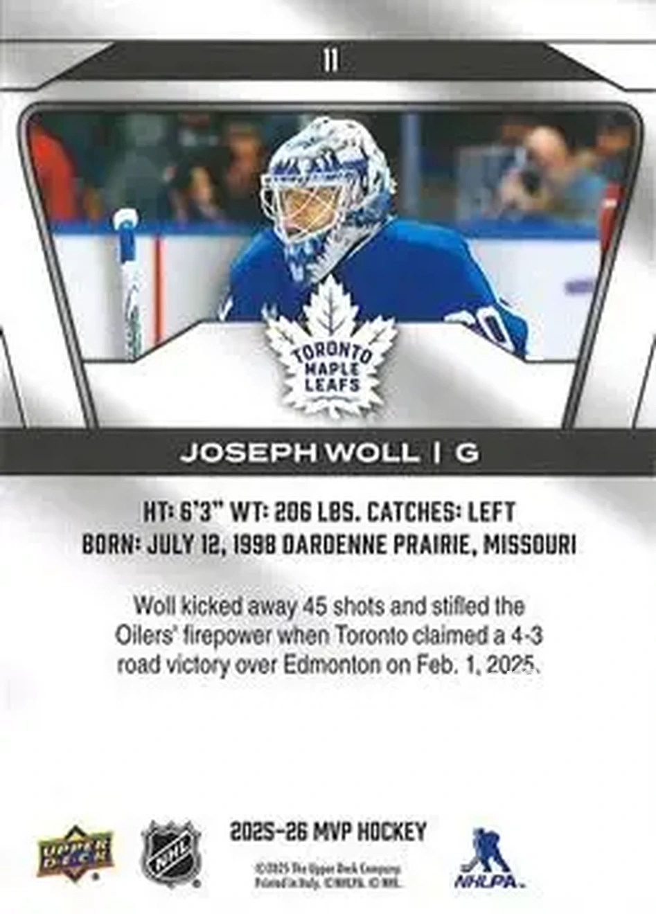 2025-26 Upper Deck MVP #11 - Joseph Woll - Toronto Maple Leafs - Back