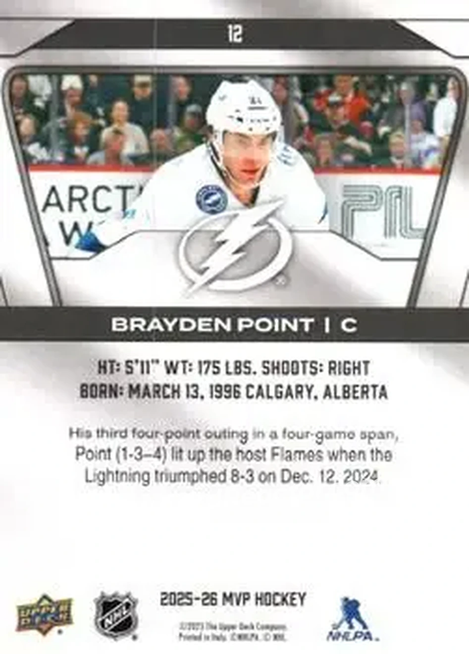 2025-26 Upper Deck MVP #12 - Brayden Point - Tampa Bay Lightning - Back