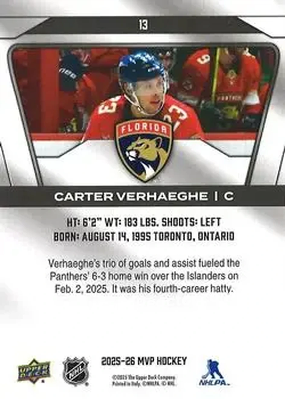 2025-26 Upper Deck MVP #13 - Carter Verhaeghe - Florida Panthers - Back