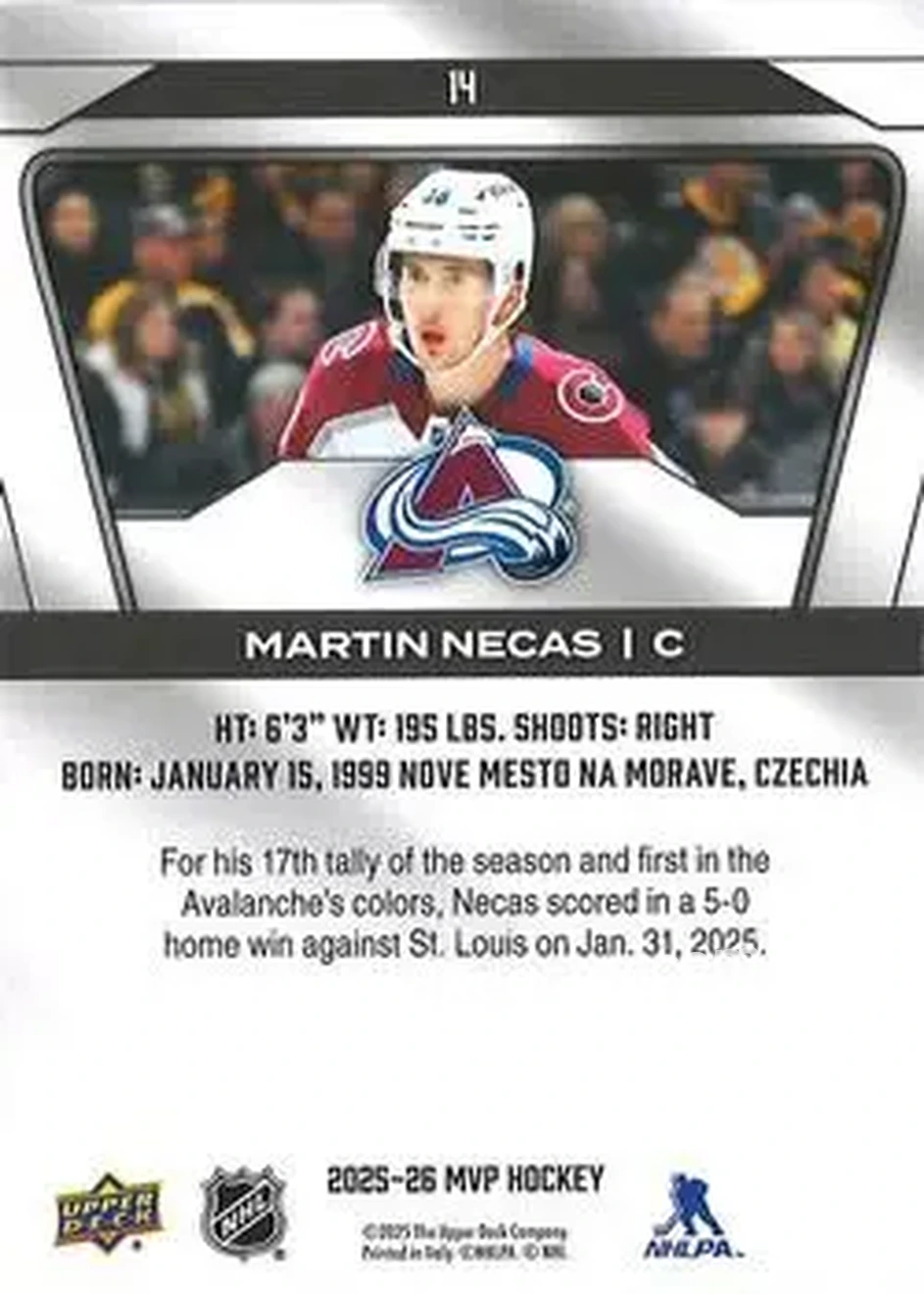 2025-26 Upper Deck MVP #14 - Martin Necas - Colorado Avalanche - Back