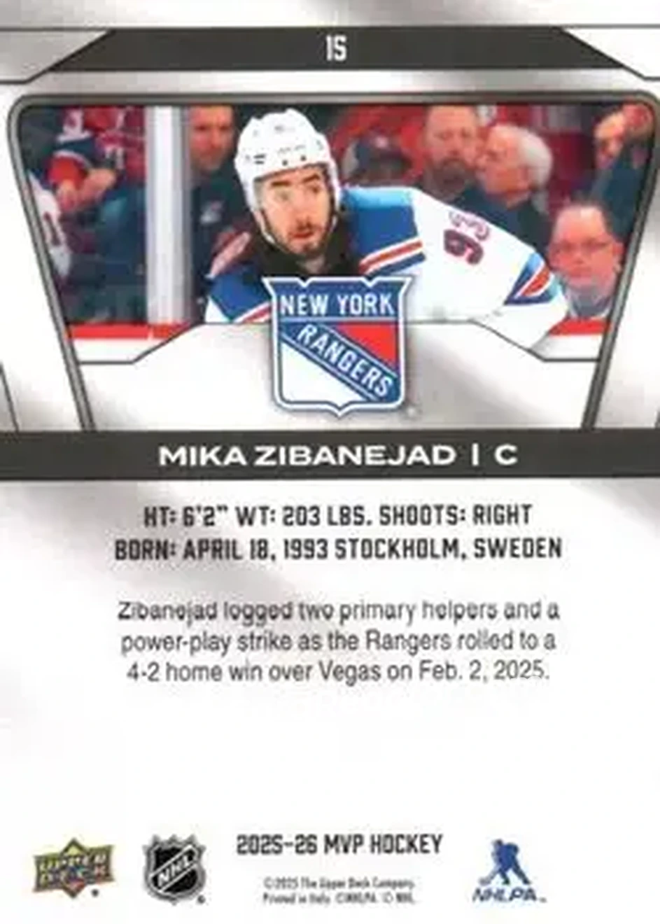 2025-26 Upper Deck MVP #15 - Mika Zibanejad - New York Rangers - Back