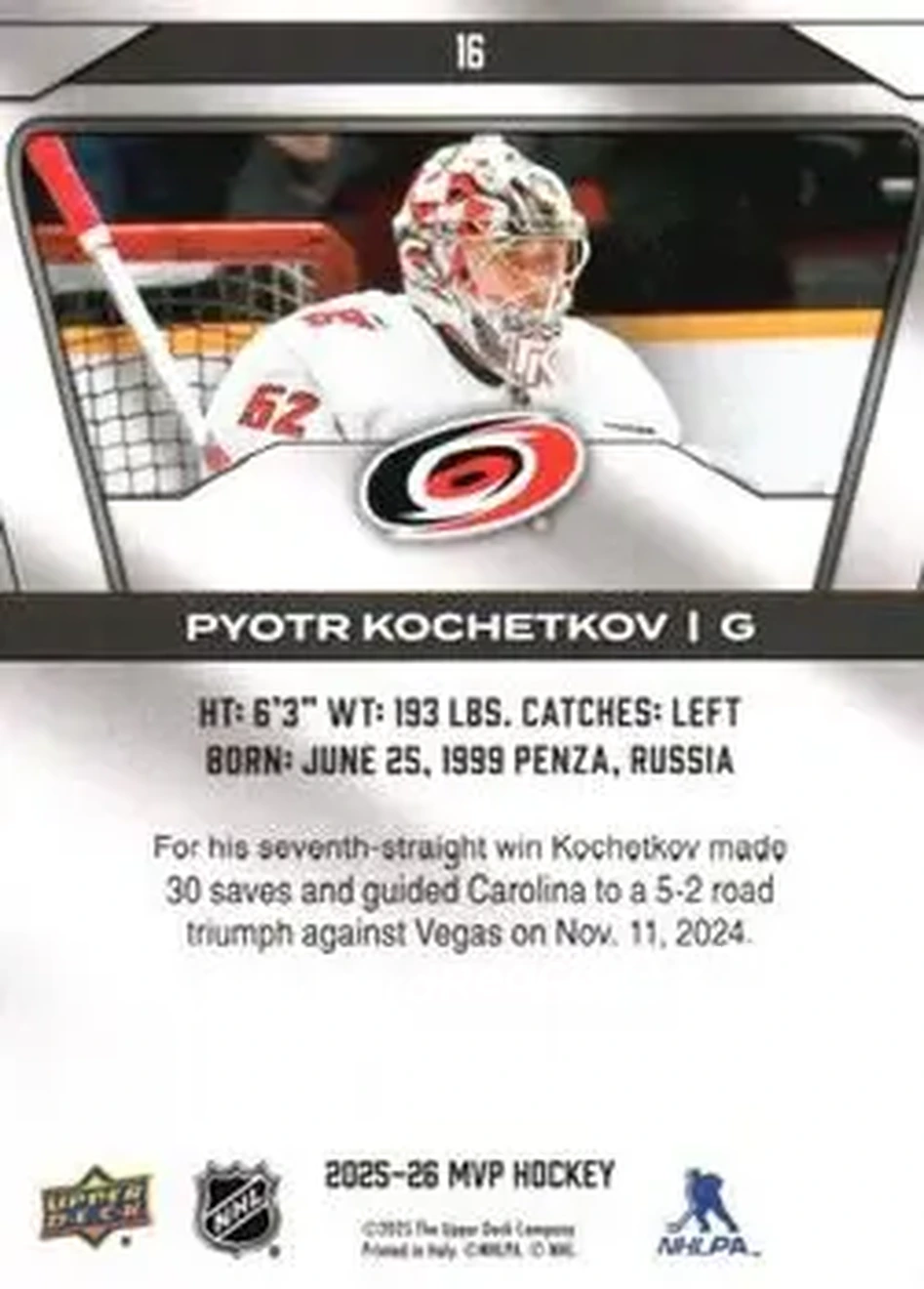 2025-26 Upper Deck MVP #16 - Pyotr Kochetkov - Carolina Hurricanes - Back