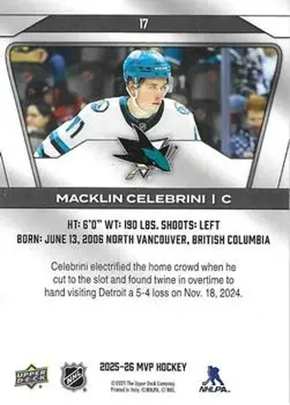 2025-26 Upper Deck MVP #17 - Macklin Celebrini - San Jose Sharks - Back