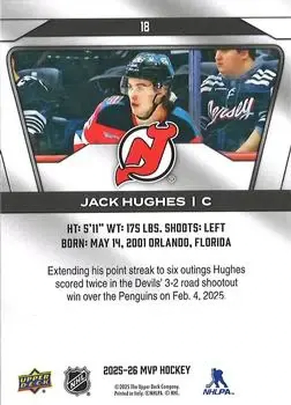 2025-26 Upper Deck MVP #18 - Jack Hughes - New Jersey Devils - Back