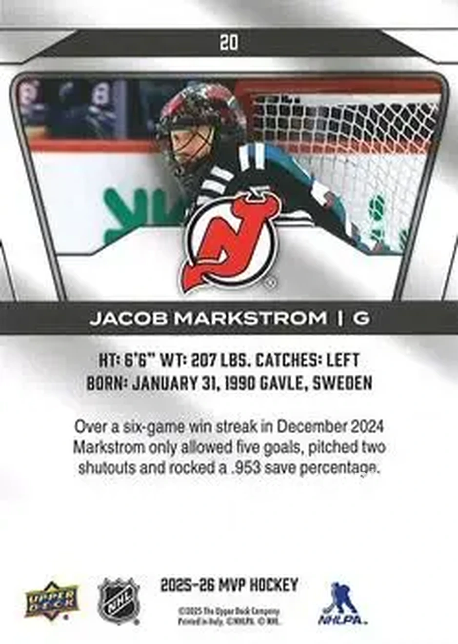 2025-26 Upper Deck MVP #20 - Jacob Markstrom - New Jersey Devils - Back