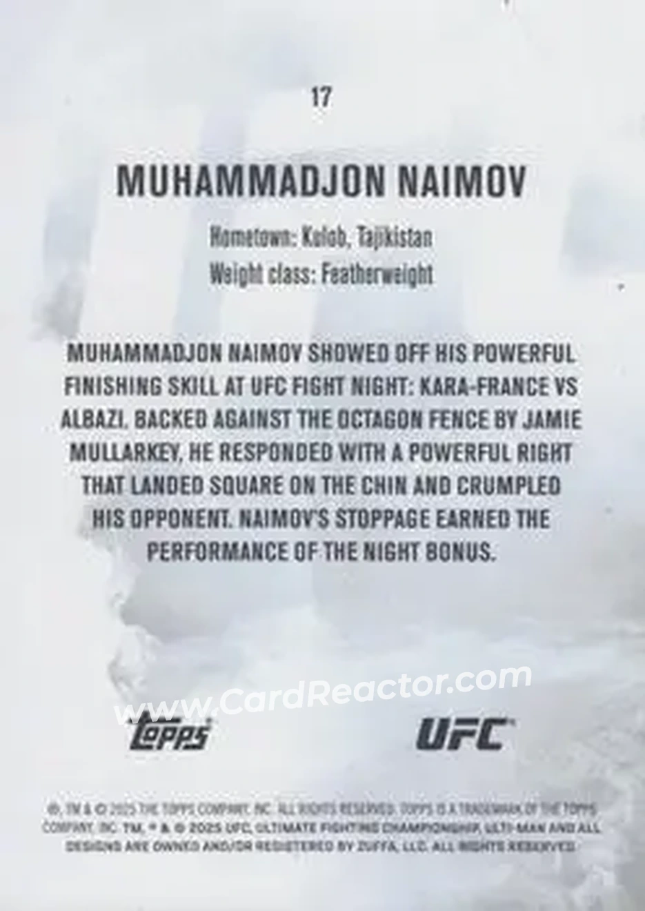 2025 Topps Knockout UFC #17 - Muhammadjon Naimov - Back