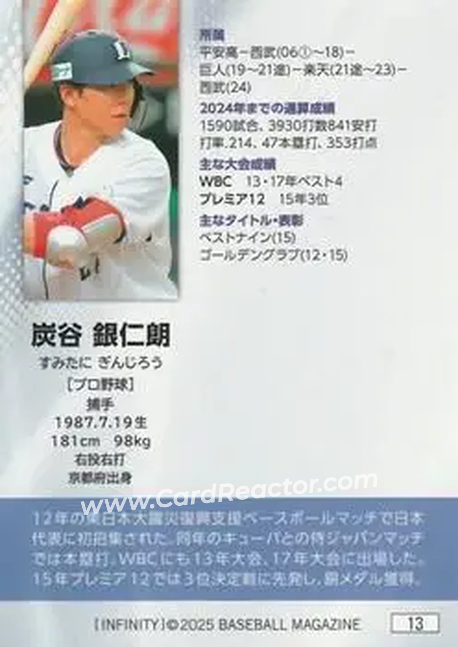 2025 BBM Infinity #13 - Ginjiro Sumitani - Saitama Seibu Lions - Back