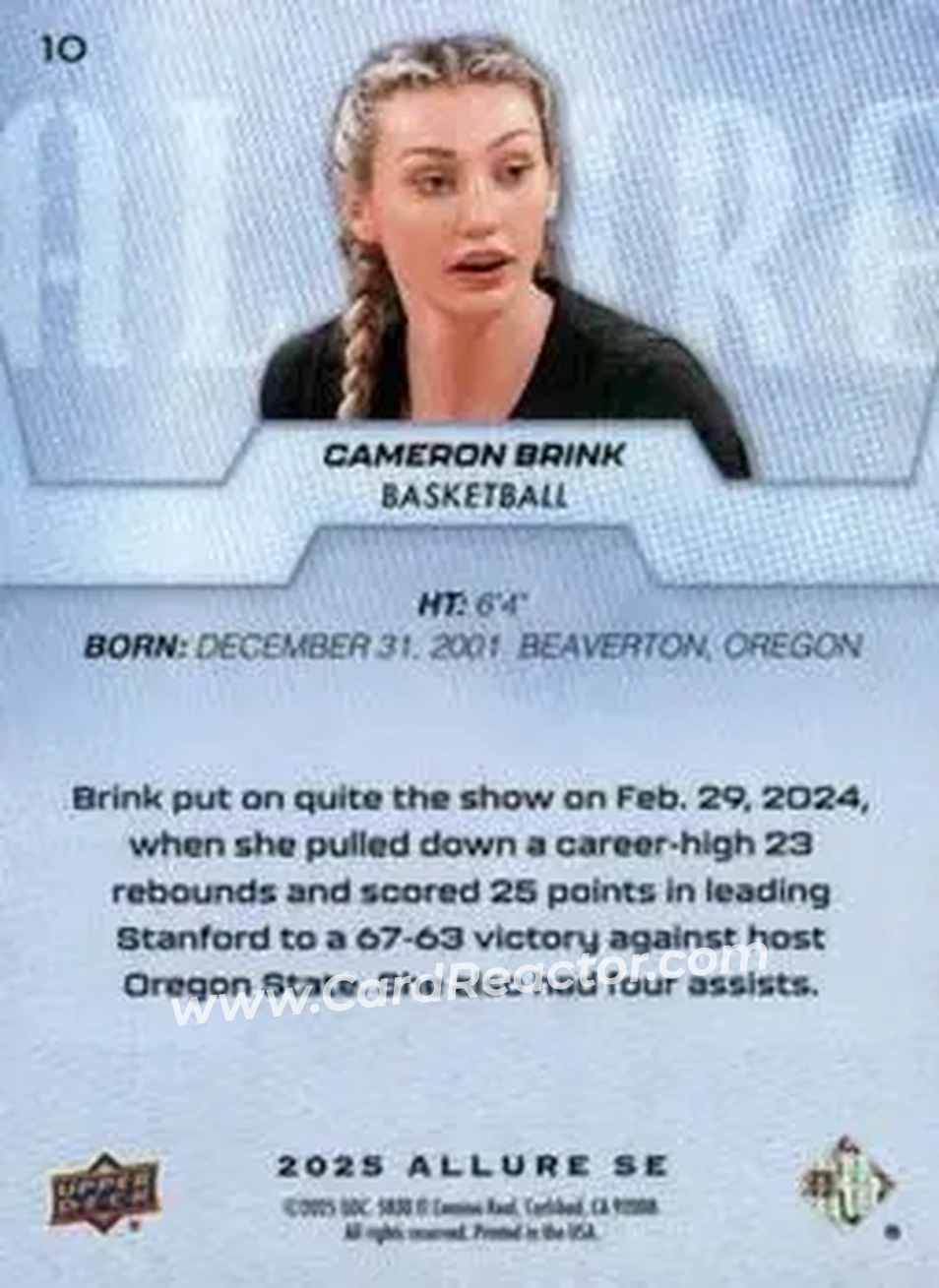 2025 Upper Deck Allure SE #10 - Cameron Brink - Back