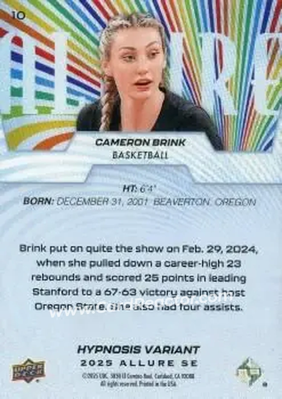 2025 Upper Deck Allure SE #10b - Cameron Brink - Back