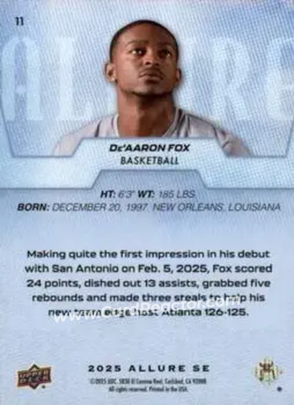 2025 Upper Deck Allure SE #11 - De'Aaron Fox - Back