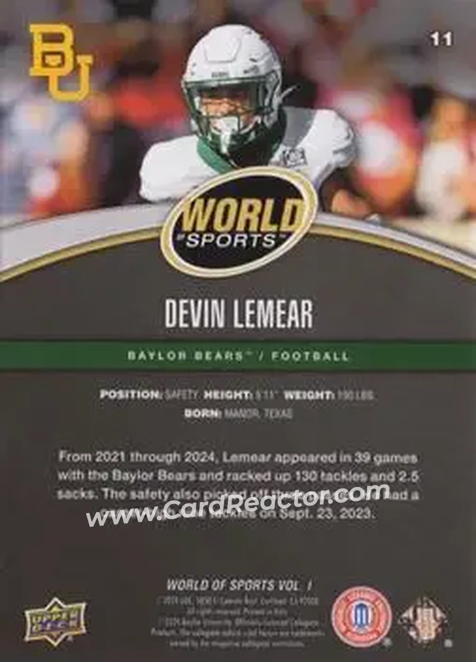 2025 Upper Deck World of Sports Volume 1 #11 - Devin Lemear - Baylor Bears - Back
