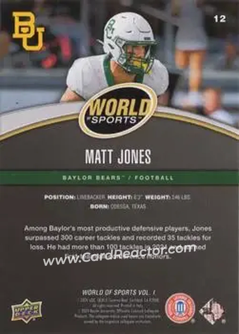 2025 Upper Deck World of Sports Volume 1 #12 - Matt Jones - Baylor Bears - Back