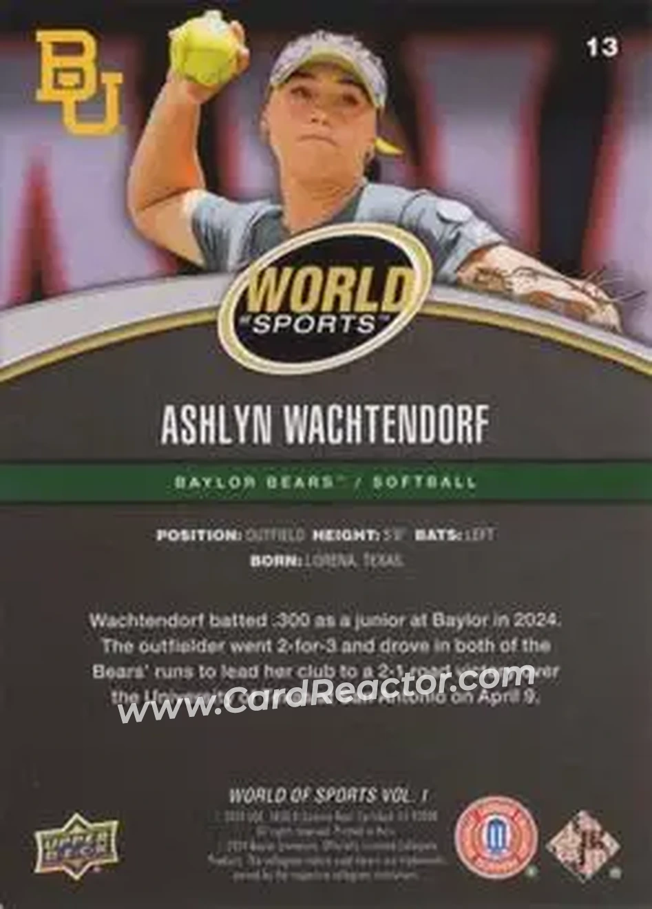 2025 Upper Deck World of Sports Volume 1 #13 - Ashlyn Wachtendorf - Baylor Bears - Back